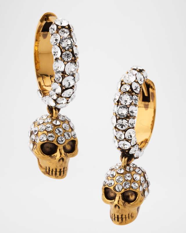 Pave Skull Hoop Earrings, Gold